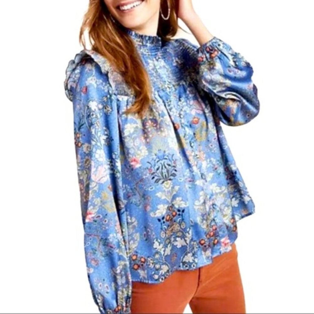 Anthropologie de novo Size S Blue Boho Floral Long Sleeve Ruffle Smocked Top